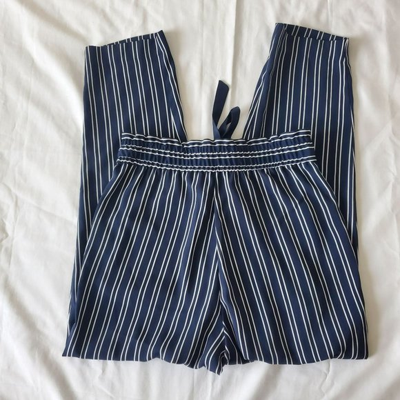 ZARA Women's Navy Blue/White Striped Drawstring Paperbag Pants Size XS - Picture 7 of 16